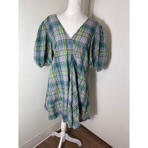Ganni Green Pink Plaid Deep V Cotton Blend Baby Doll Dress Sz 36
